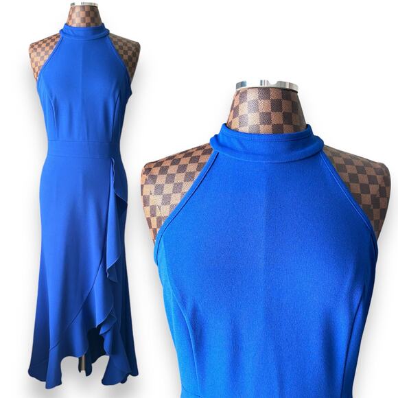 Woosea Royal Blue Mermaid Dress Large Maxi Bodycan High Neck Front Slit Halter - Picture 2 of 10